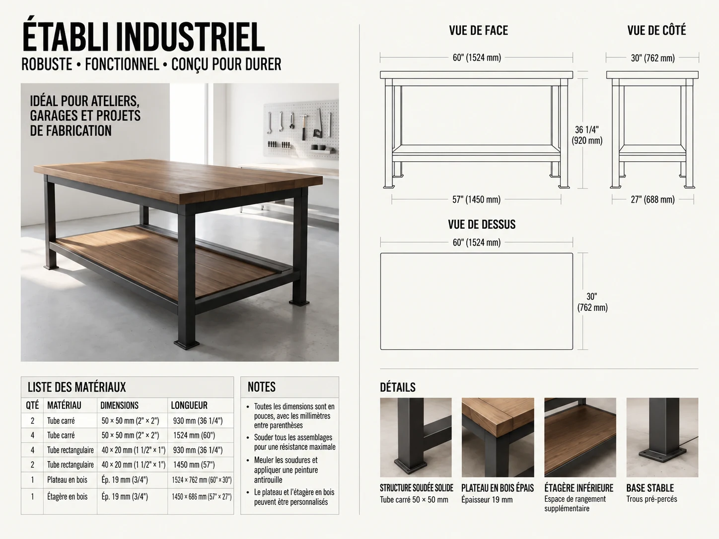 Plan de l’établi industriel — vues de face, de côté et de dessus cotées, avec liste de matériaux
