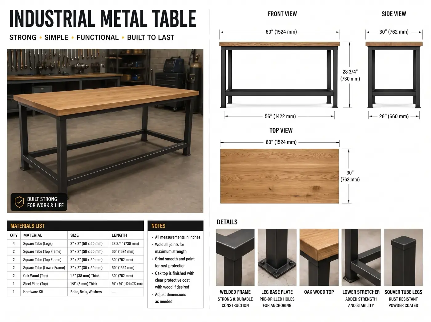 Plan de la table métal industrielle — vues de face, de côté et de dessus cotées, avec liste de matériaux