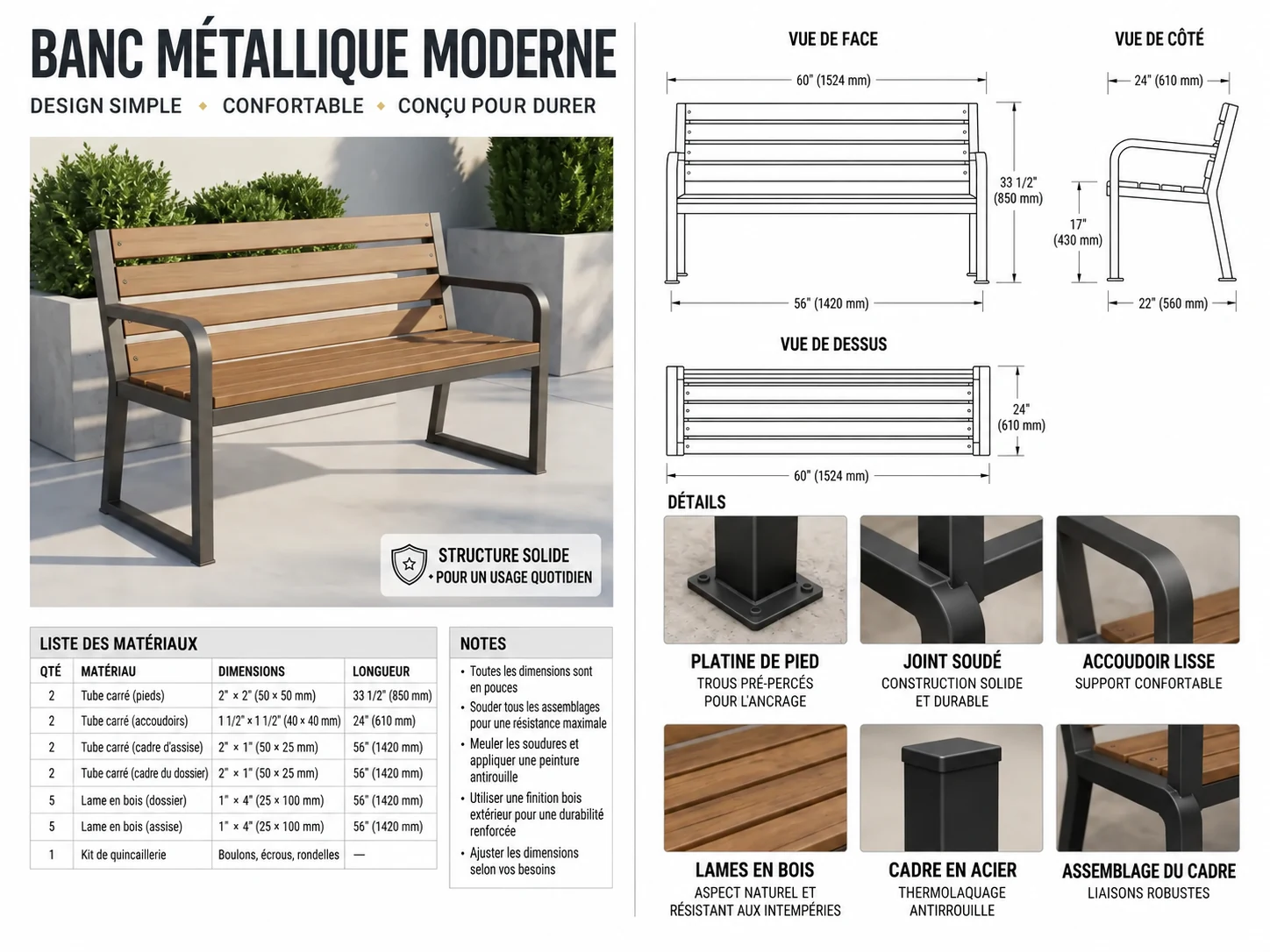 Plan du banc métal moderne — vues de face, de côté et de dessus cotées, avec liste de matériaux