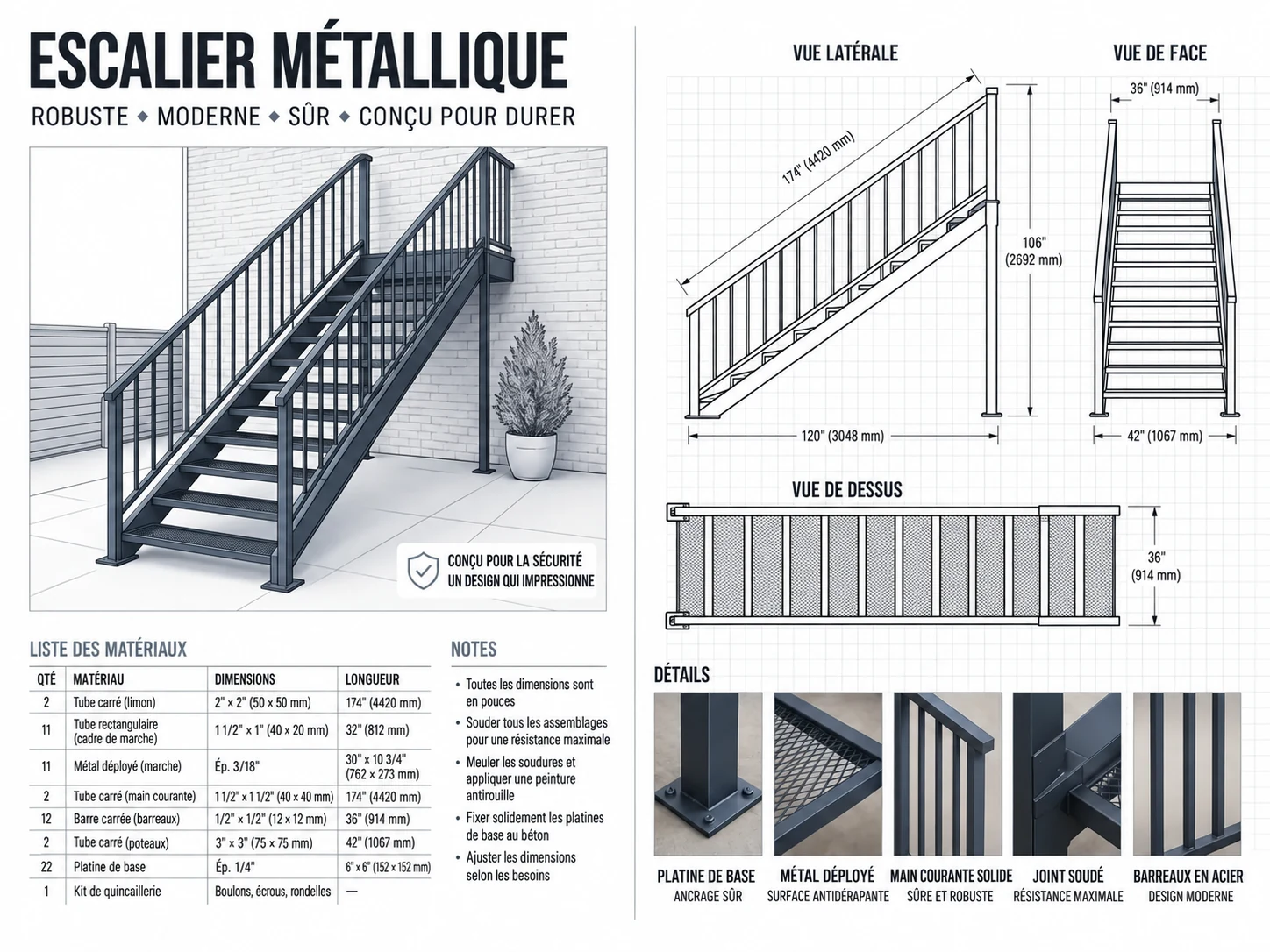 Plan de l’escalier métallique — vues de face, de côté et de dessus cotées, avec liste de matériaux