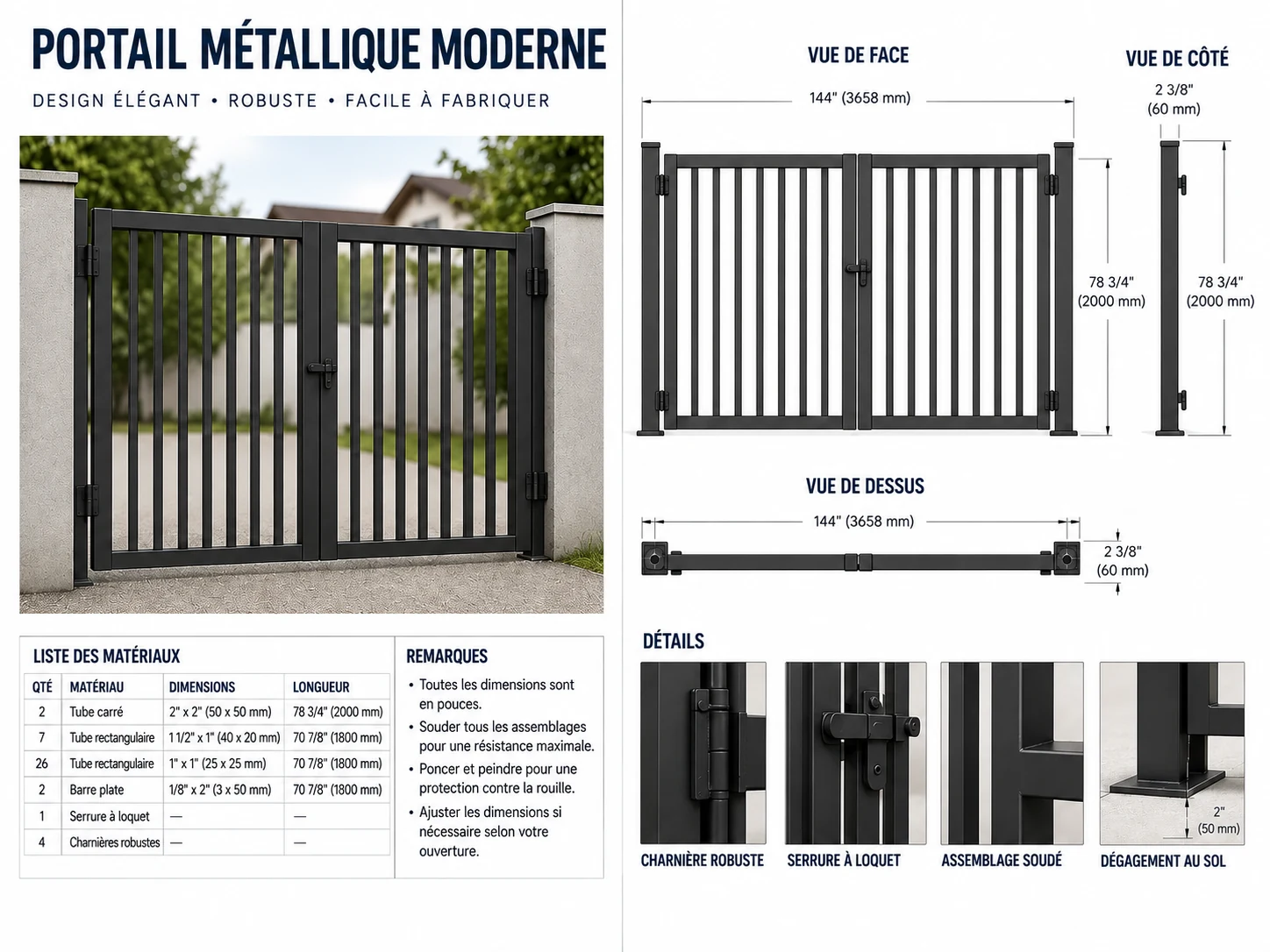 Plan du portail métal moderne — vues de face, de côté et de dessus cotées, avec liste de matériaux