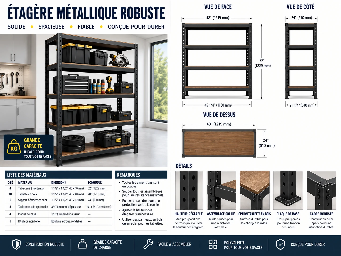 Plan du rack métal renforcé — vues de face, de côté et de dessus cotées, avec liste de matériaux