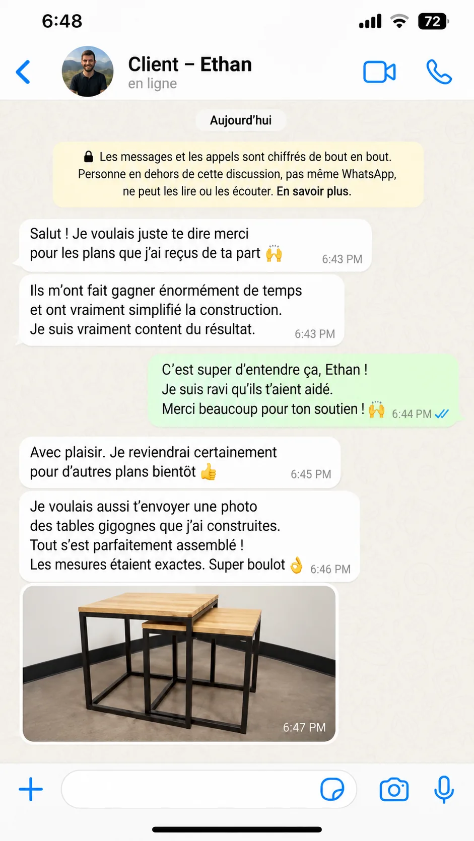 Message d’un client, Ethan, à propos des plans métal