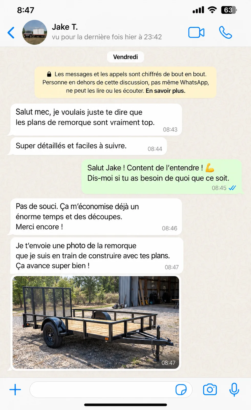 Message d’un client, Jake, à propos des plans de remorque