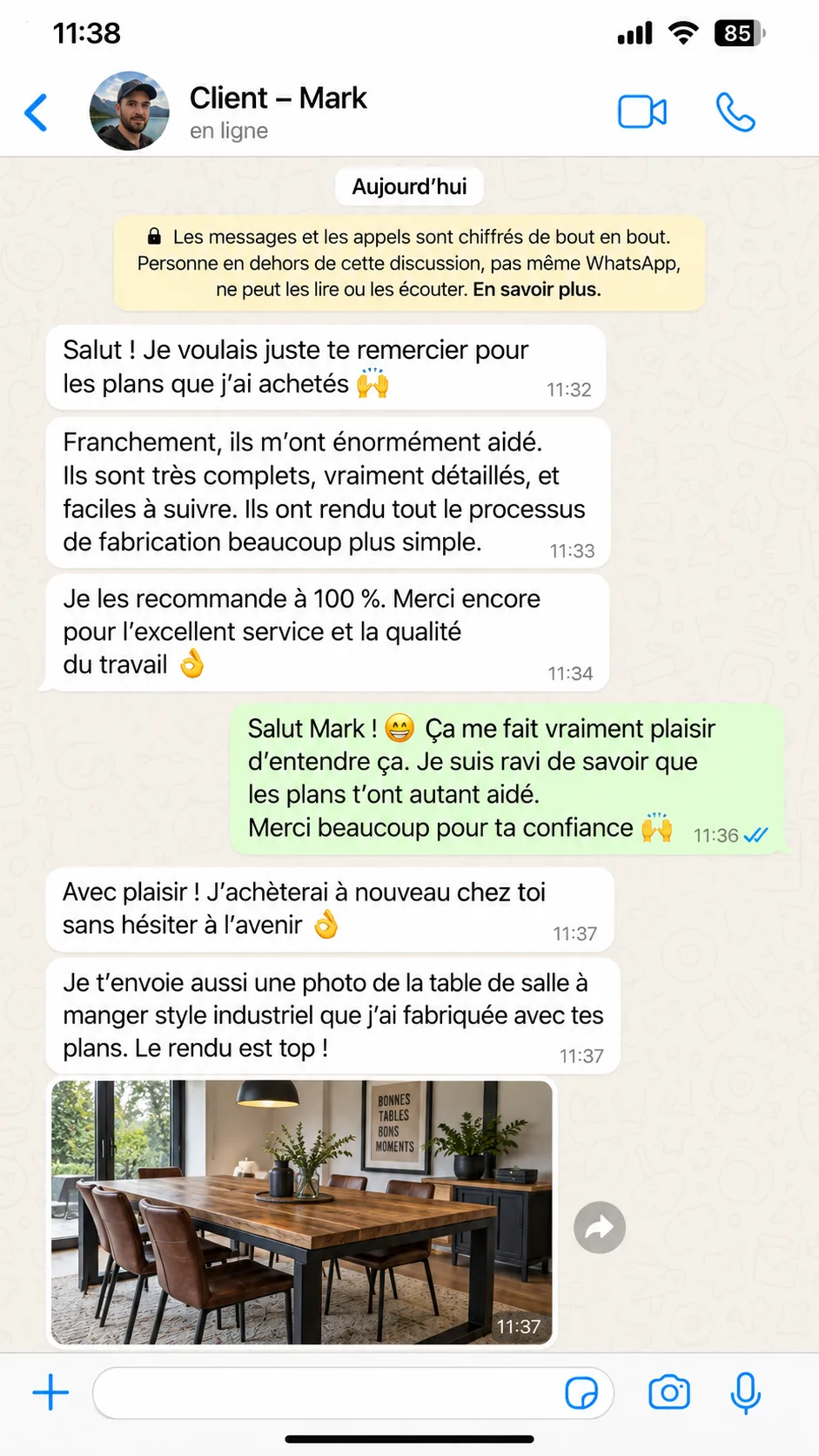 Message d’un client, Mark, qui recommande les plans métal